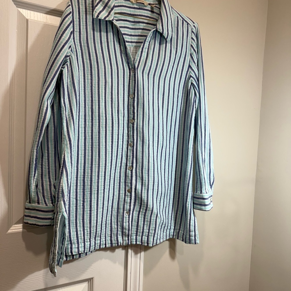Soft Surroundings Blue and White Striped Top Sz L